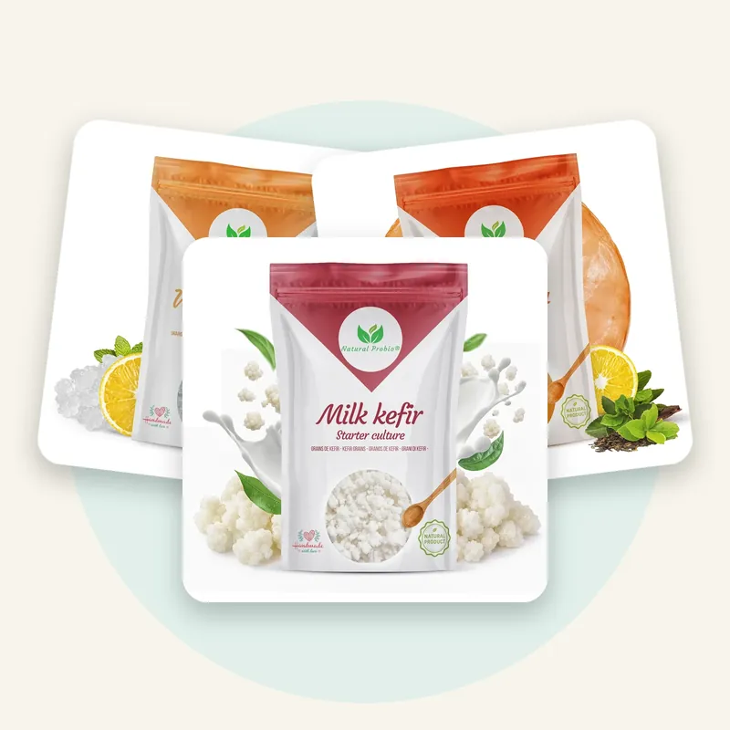 Complete starter kit with water kefir grains, milk kefir grains and a kombucha SCOBY